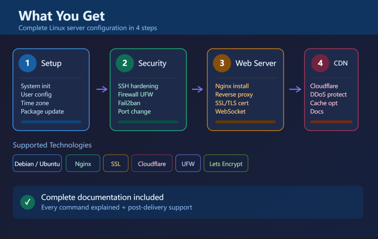 Server configuration workflow: Setup, Security, Web Server, CDN